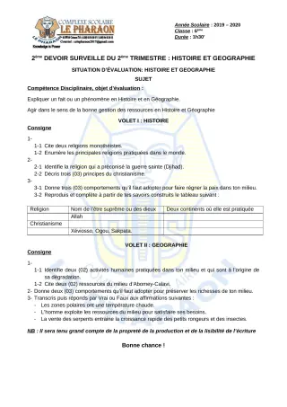Première page de Histoire-Géographie 6e — 2e devoir surveillé, 2e trimestre (2019-2020) · CPEG LE PHARAON