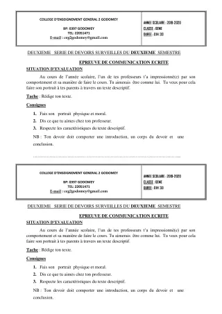 Première page de Français 6e, 5e, 4e, 4e ML, 4e ML&MC, 2nde A2, 2nde B, 2nde C, 2nde D, 2nde EFS, 1ère A2, 1ère B, 1ère C, 1ère D, 1ère EFS — 2e devoir surveillé, 2e semestre (2019-2020) · CEG2 Godomey