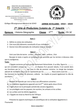 Première page de Histoire-Géographie 5e — 1re production scolaire, 1er semestre (2023-2024) · CEG GOHO