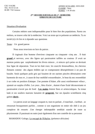 Première page de Français 5e — 2e devoir surveillé, 1er semestre (2019-2020) · CEG Yagbe