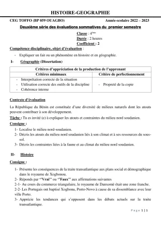 Première page de Histoire-Géographie 4e — 2e évaluation sommative, 1er semestre (2022-2023) · CEG - TOFFO