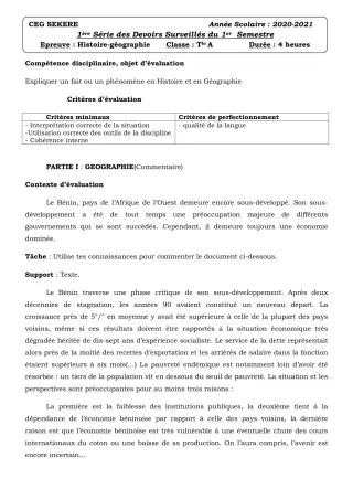 Première page de Histoire-Géographie Tle A2 — 1er devoir surveillé (2020-2021) · CEG SEKERE