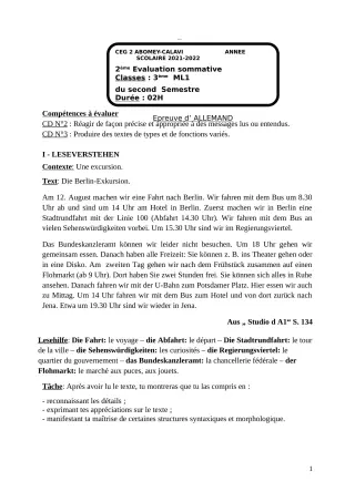 Première page de Allemand 3e — 2e évaluation sommative, 2e semestre (2021-2022) · CEG2 ABOMEY - CALAVI (CEG ZOCA)