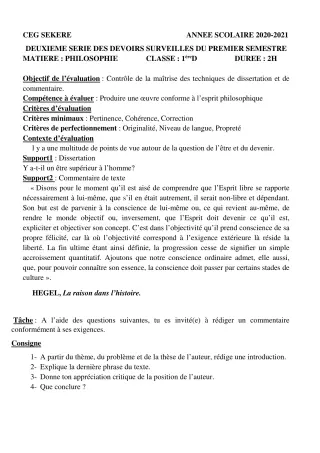Première page de Philosophie 1ère D — 2e devoir surveillé, 1er semestre (2020-2021) · CEG SEKERE