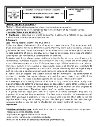 Première page de Anglais 3e — 1er devoir surveillé, 1er semestre (2022-2023) · CEG1 AGAME
