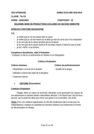 Première page de Histoire-Géographie Tle D — 2e production scolaire, 2e semestre (2018-2019) · CEG Kpomassè