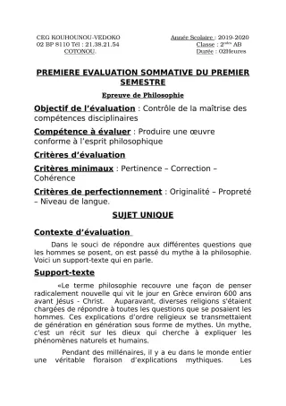Première page de Philosophie 2nde A1, 2nde A2, 2nde B — 1re évaluation sommative, 1er semestre (2019-2020) · CEG Kouhounou-Vêdoko