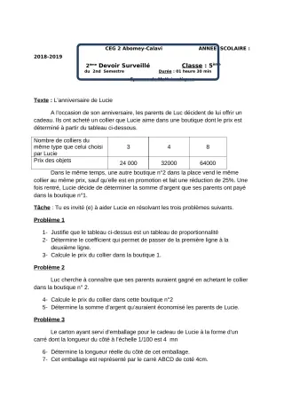 Première page de Mathématiques 5e — 2e devoir surveillé, 2e semestre (2018-2019) · CEG2 ABOMEY - CALAVI (CEG ZOCA)