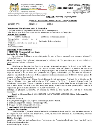 Première page de Histoire-Géographie 2nde A — 1re production scolaire, 2e semestre (2022-2023) · CEG1 Ikpinlè
