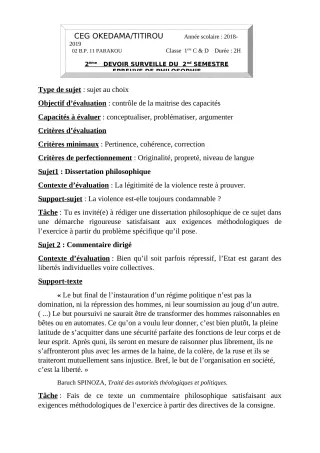 Première page de Philosophie 1ère C, 1ère D — Devoir surveillé, 2e semestre (2018-2019) · CEG OKEDAMA