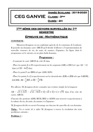 Première page de Mathématiques 3e — 1er devoir surveillé, 1er semestre (2019-2020) · CEG Ganvié