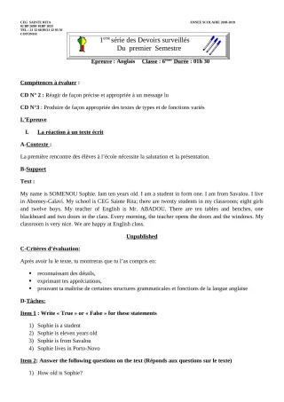 Première page de Anglais 6e, 5e, 4e ML&MC, 3e, 3e ML, 2nde A & B, 2nde C, 2nde D, 1ère A, 1ère B, 1ère C, 1ère D, Tle A2, Tle B, Tle C, Tle D — Devoir surveillé, 1er semestre (2018-2019) · CEG Sainte Rita