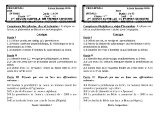 Première page de Histoire-Géographie 5e, 4e, 4e ML, 3e, 3e ML — 2e devoir surveillé, 1er semestre (2018-2019) · CEG 2 N'DALI
