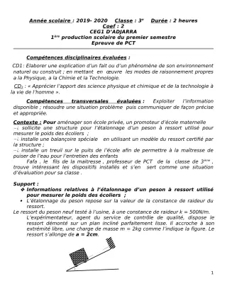 Première page de PCT 3e — 1re production scolaire, 1er semestre (2019-2020) · CEG1 Adjarra