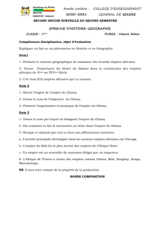 Première page de Histoire-Géographie 5e — 2e devoir surveillé, 2e semestre (2020-2021) · CEG SEKERE
