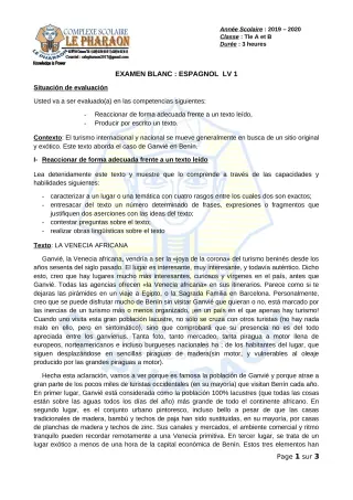 Première page de Examen Blanc de ESPAGNOL — Tle A, Tle B — CPEG LE PHARAON (2019)