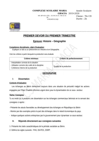 Première page de Histoire-Géographie Tle D — 1er devoir surveillé, 1er trimestre (2019-2020) · CPEG MARIA GRACIA