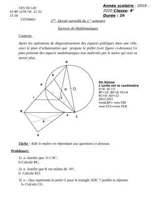 Première page de Mathématiques 4e, 4e ML — Devoir surveillé, 1er semestre (2019-2020) · CEG du Lac