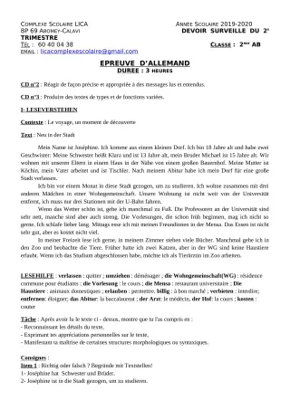 Première page de Allemand 2nde A2, 2nde B — Devoir surveillé, 1er trimestre (2019-2020) · CPEG LICA