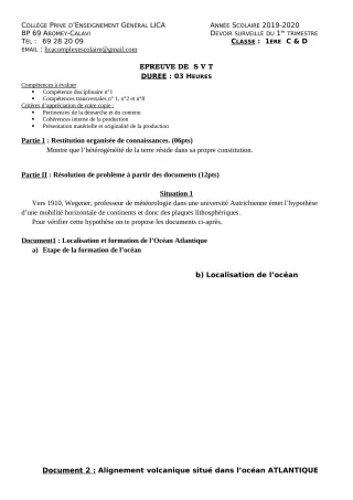 Première page de SVT 1ère C, 1ère D — Devoir surveillé, 1er trimestre (2019-2020) · CPEG LICA
