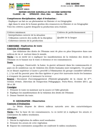 Première page de Histoire-Géographie 4e — Devoir surveillé, 2e semestre (2022-2023) · CEG SEKERE