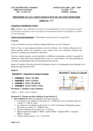 Première page de PCT 5e — 1re évaluation sommative, 2e semestre (2019-2020) · CEG Kouhounou-Vêdoko