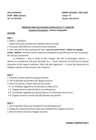 Première page de Histoire-Géographie 5e — 1er devoir surveillé, 1er semestre (2021-2022) · CEG LE NOKOUE