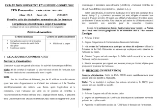 Première page de Histoire-Géographie 6e, 5e, 4e, 3e, 2nde A2, 2nde D, 1ère A2, 1ère D, Tle A2 — Évaluation sommative, 1er semestre (2019-2020) · CEG PENESSOULOU