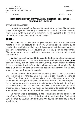 Première page de Français 6e — 2e devoir surveillé, 1er semestre (2020-2021) · CEG du Lac