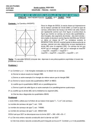 Première page de Mathématiques 6e, 5e, 4e, 3e, 3e ML, 2nde A & B, 2nde A1, 2nde A2, 2nde B, 2nde C, 2nde D, 1ère A1, 1ère C, 1ère D, Tle A1, Tle A2, Tle B, Tle D — 1er devoir surveillé, 2e semestre (2020-2021) · CEG L