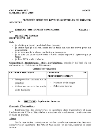 Première page de Histoire-Géographie 3e, 3e ML — 1er devoir surveillé (2018-2019) · CEG Kpomassè