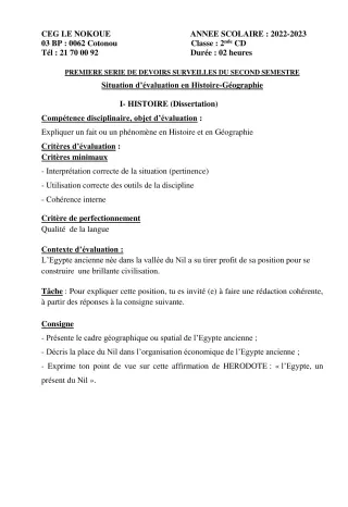 Première page de Histoire-Géographie 2nde C, 2nde D — 1er devoir surveillé, 2e semestre (2022-2023) · CEG LE NOKOUE
