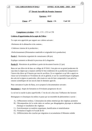 Première page de SVT 4e, 4e ML — 2e devoir surveillé, 1er semestre (2018-2019) · CEG Gbegourou