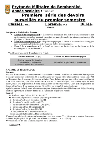 Première page de PCT Tle D — 1er devoir surveillé, 1er semestre (2019-2020) · PMB
