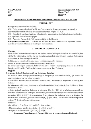 Première page de PCT 6e, 5e, 4e, 3e, 2nde C, 2nde D, 1ère C, 1ère D, Tle C, Tle D — 2e devoir surveillé, 1er semestre (2019-2020) · CEG2 OUIDAH