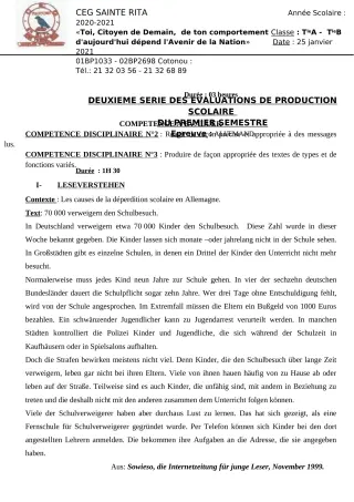 Première page de Allemand 4e ML, 3e ML, 2nde A2, 2nde B, 1ère A2, 1ère B, Tle A2, Tle B — Production scolaire (2020-2021) · CEG Sainte Rita