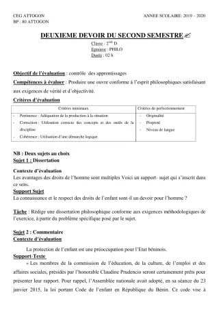 Première page de Philosophie 2nde D — 2e devoir surveillé, 2e semestre (2019-2020) · CEG Attogon