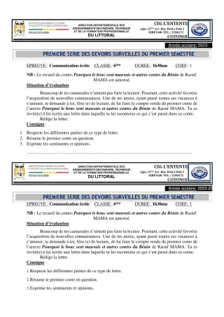 Première page de Français 6e, 5e, 4e, 3e, 2nde A2, 2nde B, 2nde C, 2nde D, 1ère A2, 1ère B, 1ère C, 1ère D, Tle A2, Tle B, Tle C, Tle D — 1er devoir surveillé, 1er semestre (2023-2024) · CEG L'Entente