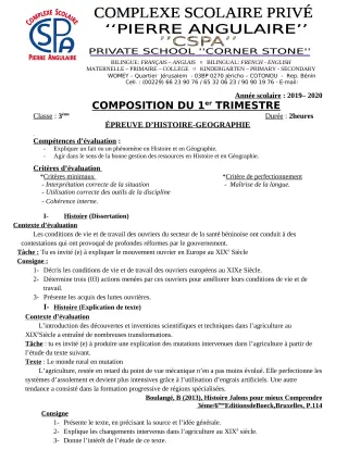 Première page de Histoire-Géographie 3e, 3e ML — 3e composition (2019-2020) · CPEG PIERRE ANGULAIRE