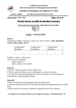 Première page de Histoire-Géographie 6e — 1er devoir surveillé, 2e trimestre (2021-2022) · Hibiscus 1er cycle