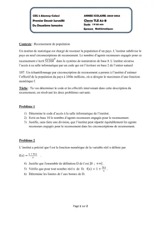 Première page de Mathématiques Tle B — 1er devoir surveillé, 2e semestre (2023-2024) · CEG2 ABOMEY - CALAVI (CEG ZOCA)