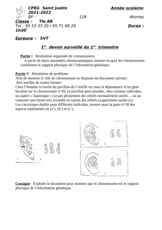 Première page de SVT 3e, 3e ML, Tle A1, Tle A2, Tle B — 1er devoir surveillé, 1er trimestre (2021-2022) · CPEG SAINT Justin