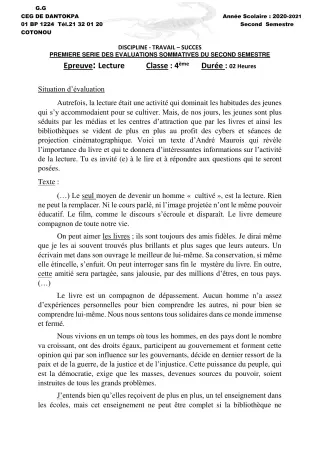 Première page de Français 4e — 1re évaluation sommative, 2e semestre (2020-2021) · CEG Dantokpa