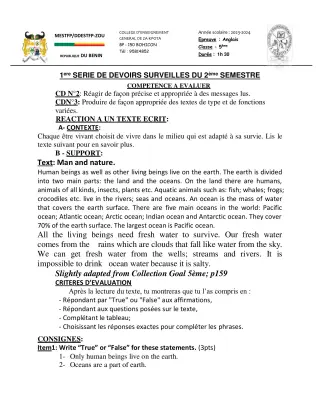Première page de Anglais 5e — 1er devoir surveillé, 2e semestre (2023-2024) · CEG ZA-KPOTA