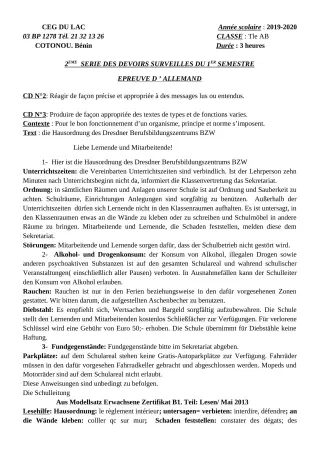Première page de Allemand Tle A2, Tle B — 2e devoir surveillé, 1er semestre (2019-2020) · CEG du Lac