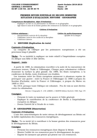 Première page de Histoire-Géographie 3e, 3e ML — 1er devoir surveillé, 2e semestre (2018-2019) · CEG L'Entente