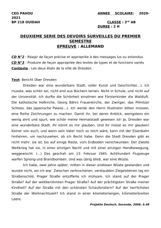 Première page de Allemand 2nde A & B, 2nde A2, 2nde B — 2e devoir surveillé, 1er semestre (2020-2021) · CEG PAHOU