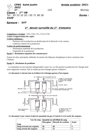Première page de SVT 6e, 1ère A2, 1ère B, 1ère D — 1er devoir surveillé, 1er trimestre (2021-2022) · CPEG SAINT Justin