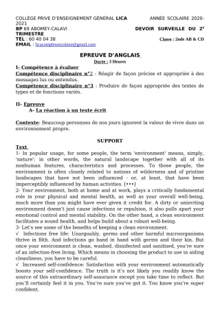 Première page de Anglais 2nde A2, 2nde B, 2nde C, 2nde D — Devoir surveillé, 1er trimestre (2020-2021) · CPEG LICA