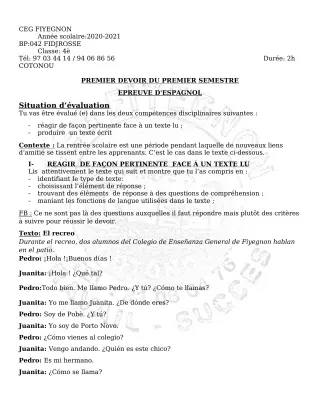 Première page de Espagnol 4e ML — 1er devoir surveillé, 1er semestre (2020-2021) · CEG FIYEGNON